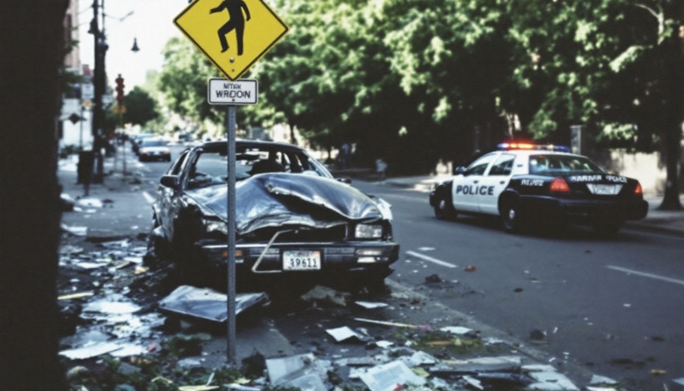 An empty Brooklyn street with a damaged car and police car.