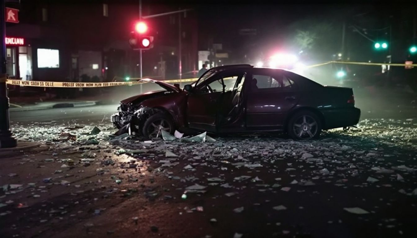 A damaged car at Brooklyn street intersection surrounded by police tape.