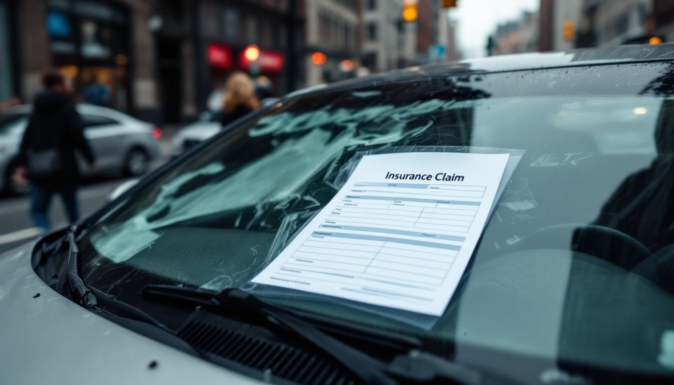 A damaged car in NYC with an insurance claim form.