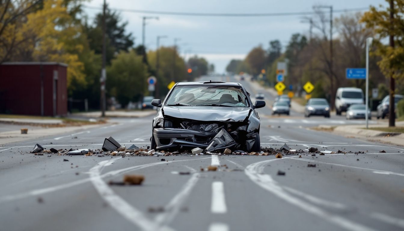 A damaged car in the street surrounded by debris after an accident.