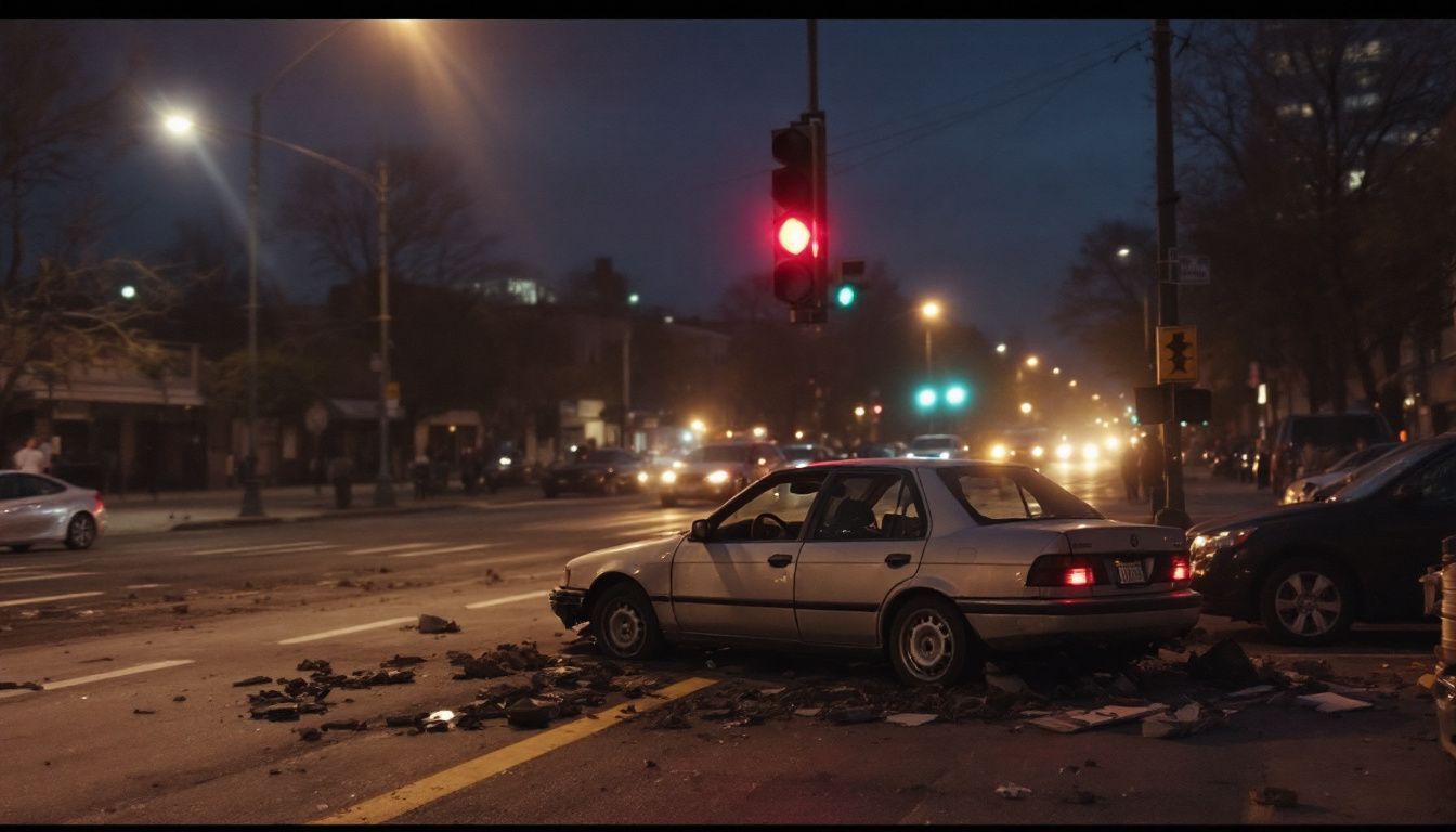 A damaged car is parked at a busy intersection in Brooklyn.