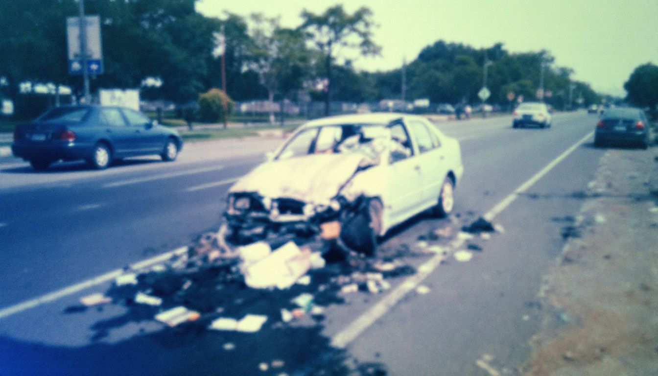 A damaged car parked on the side of the road with debris.