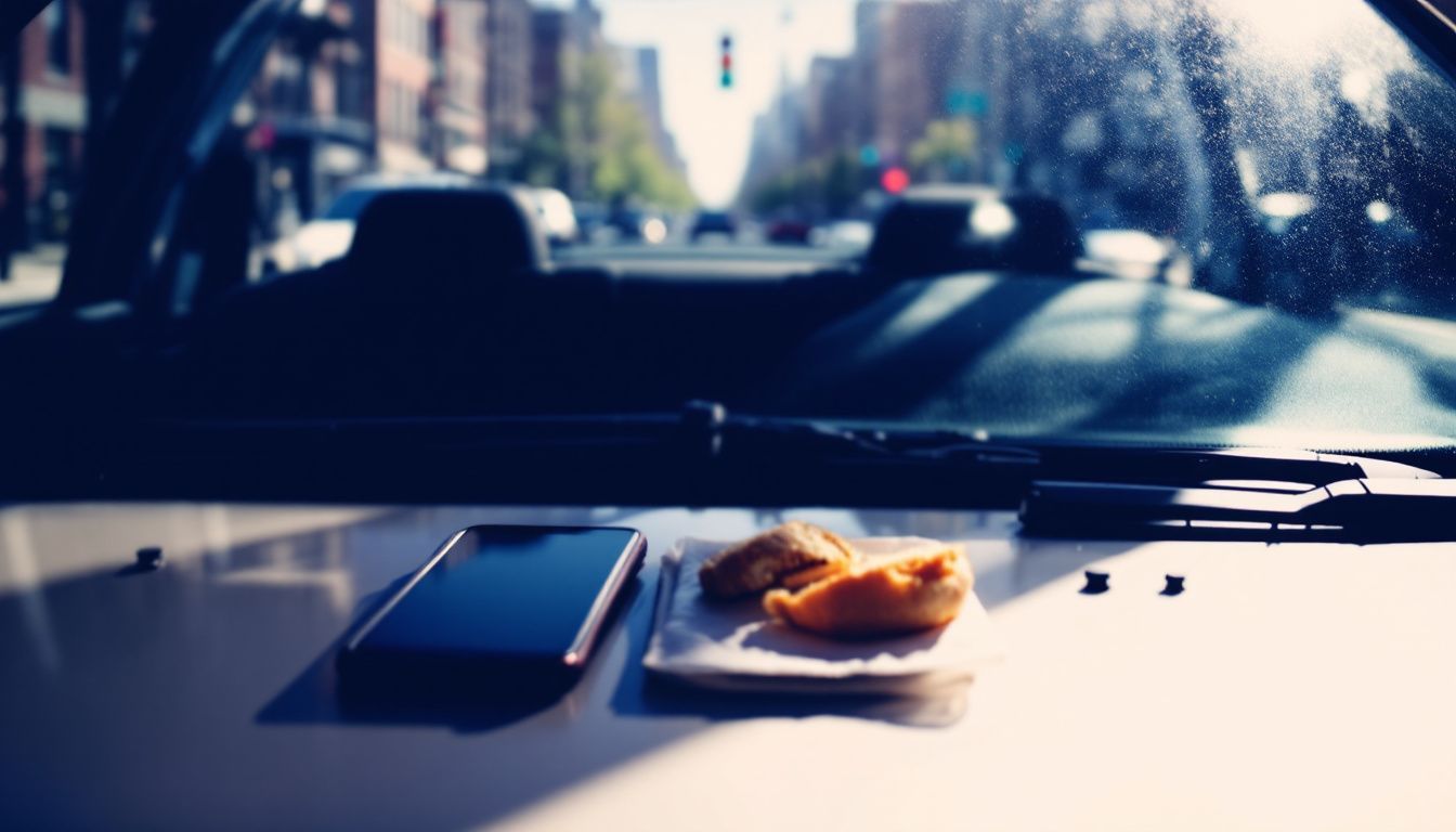 An empty car parked on a Brooklyn street with a smartphone on the dashboard and a half-eaten sandwich on the passenger seat highlights the risks of distracted driving.