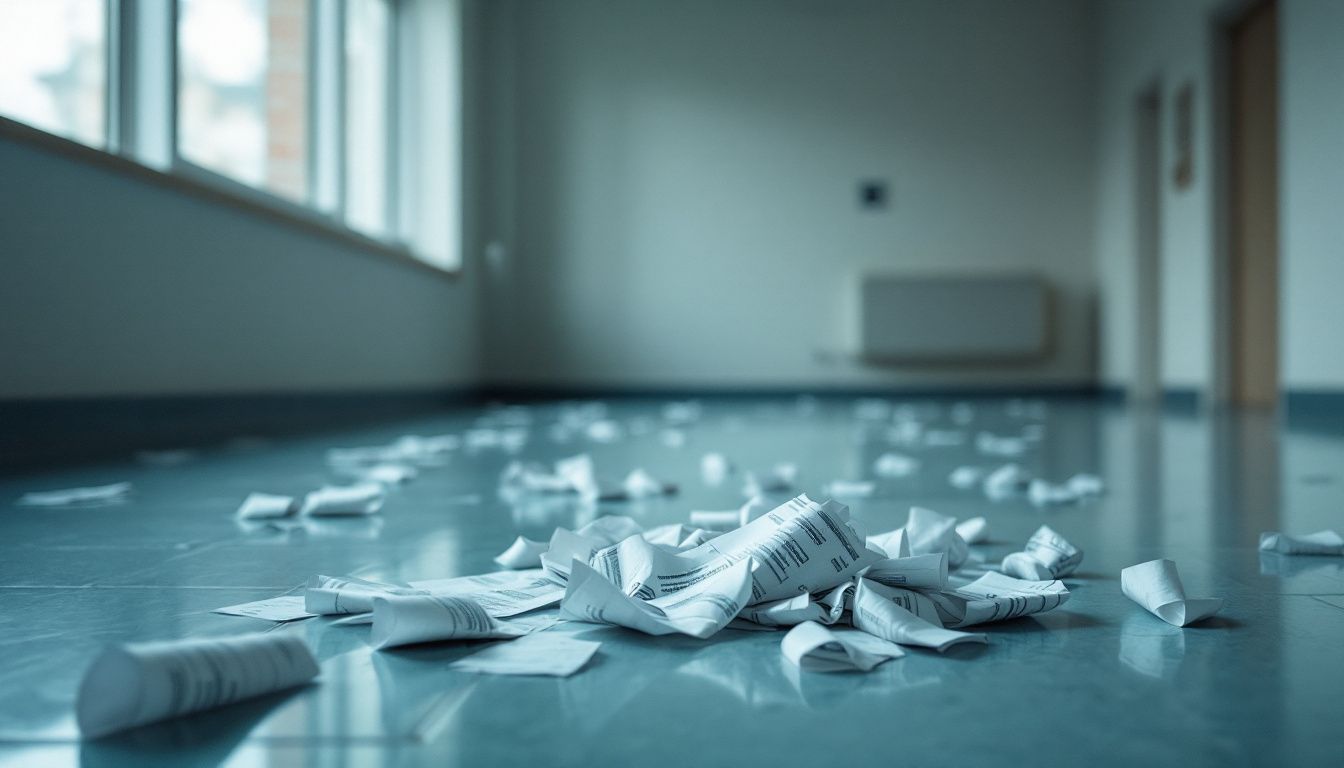 An empty hospital room with scattered crumpled medical bills.