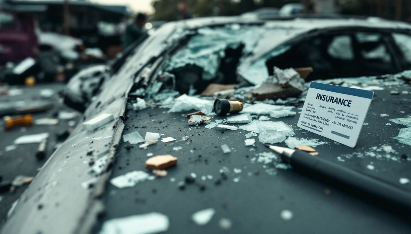 A damaged vehicle with scattered debris and insurance card on ground.