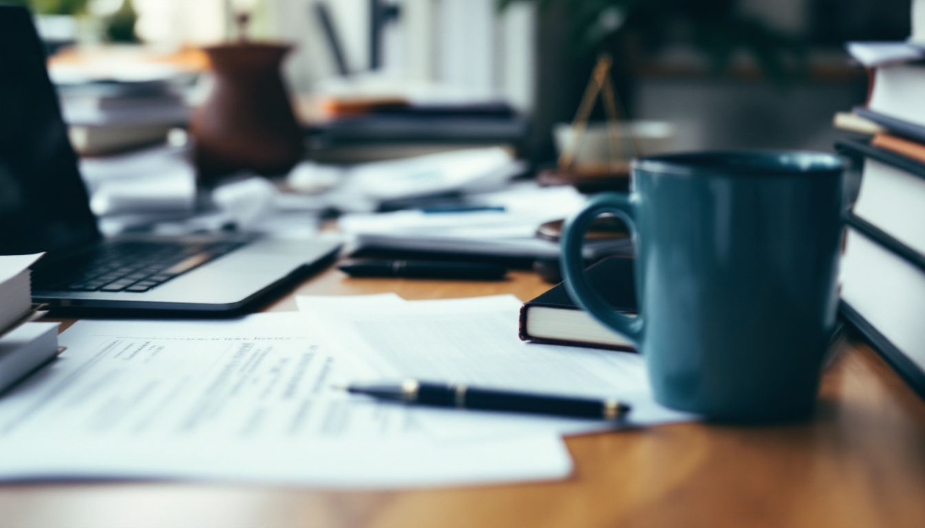 An office desk cluttered with legal documents, a laptop, and law books.