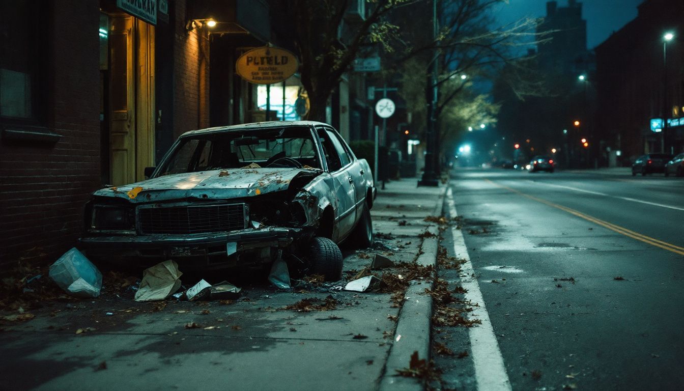 An abandoned car wreck in Brooklyn, highlighting wear and deterioration.