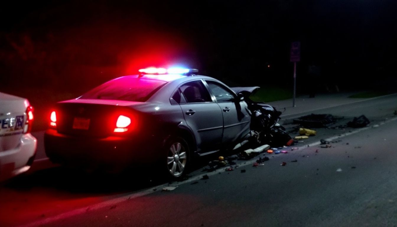 A crashed car with hazard lights flashing parked on a dark road.