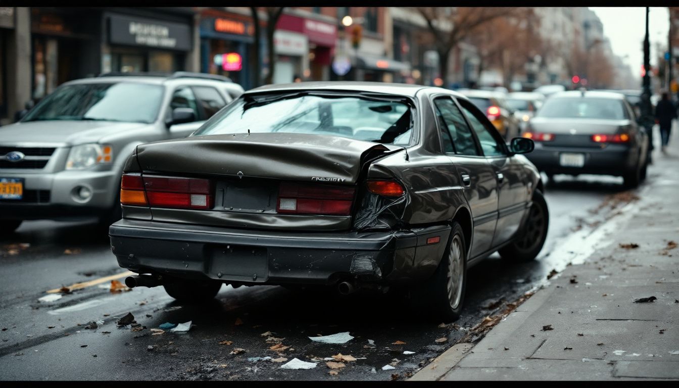 A damaged car with crumpled rear end parked on Brooklyn street.