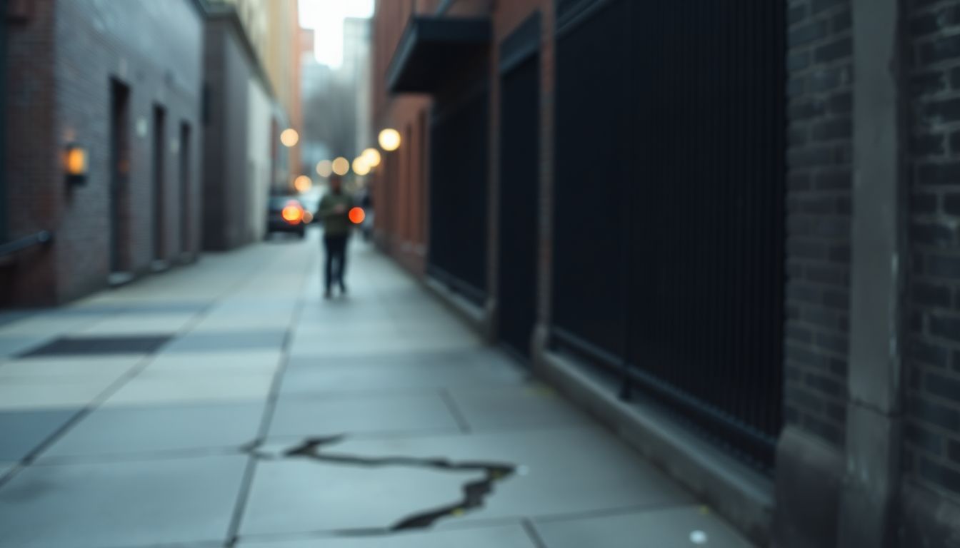 The photo depicts a dark alley with a broken sidewalk after a slip and fall accident.