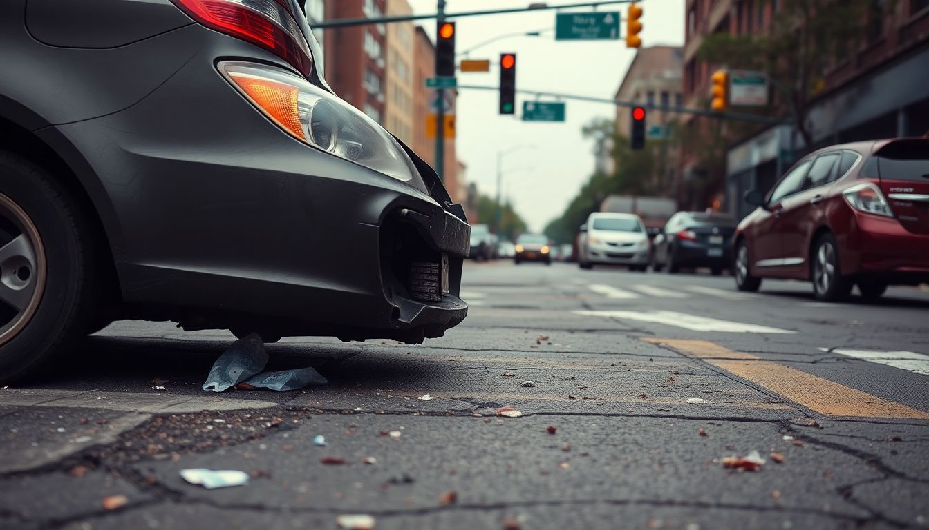 A damaged car bumper on a busy Bronx street with broken traffic signals.