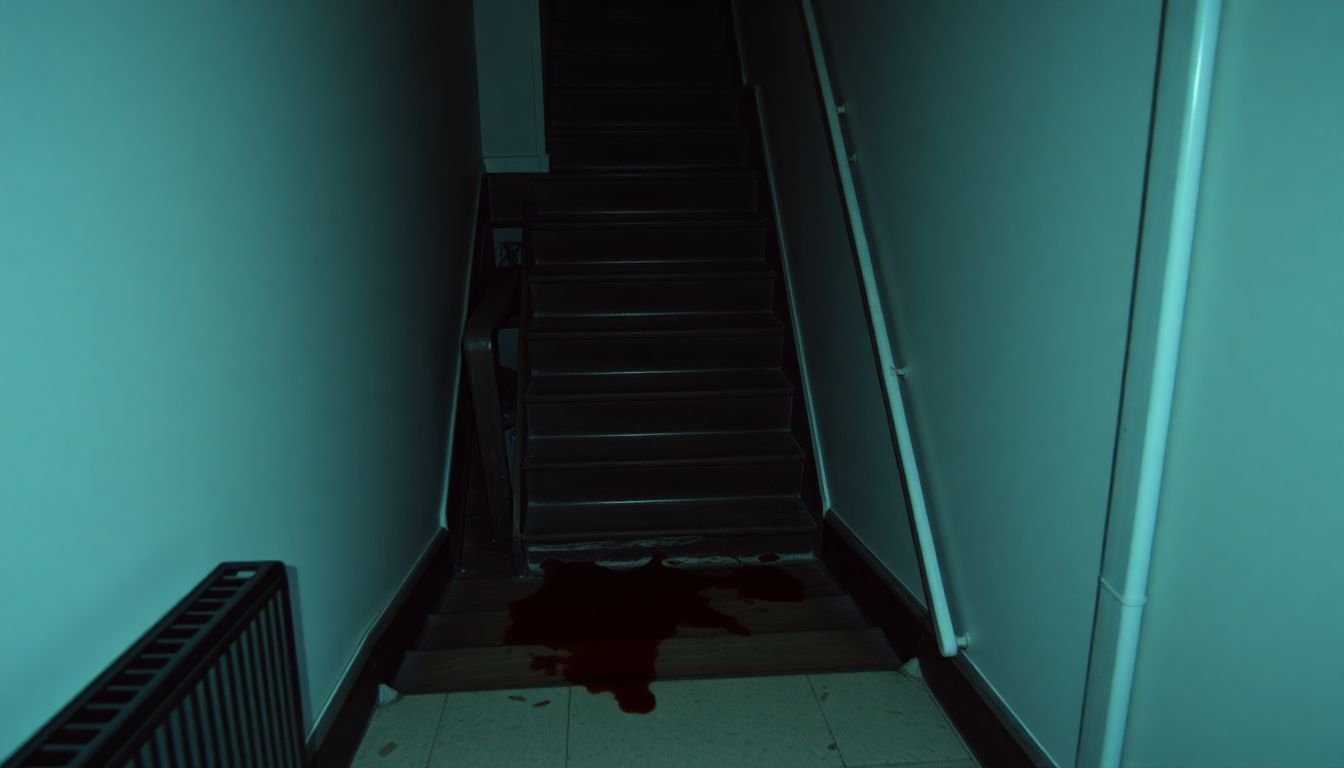 A broken step and spilled liquid on a dimly lit staircase.