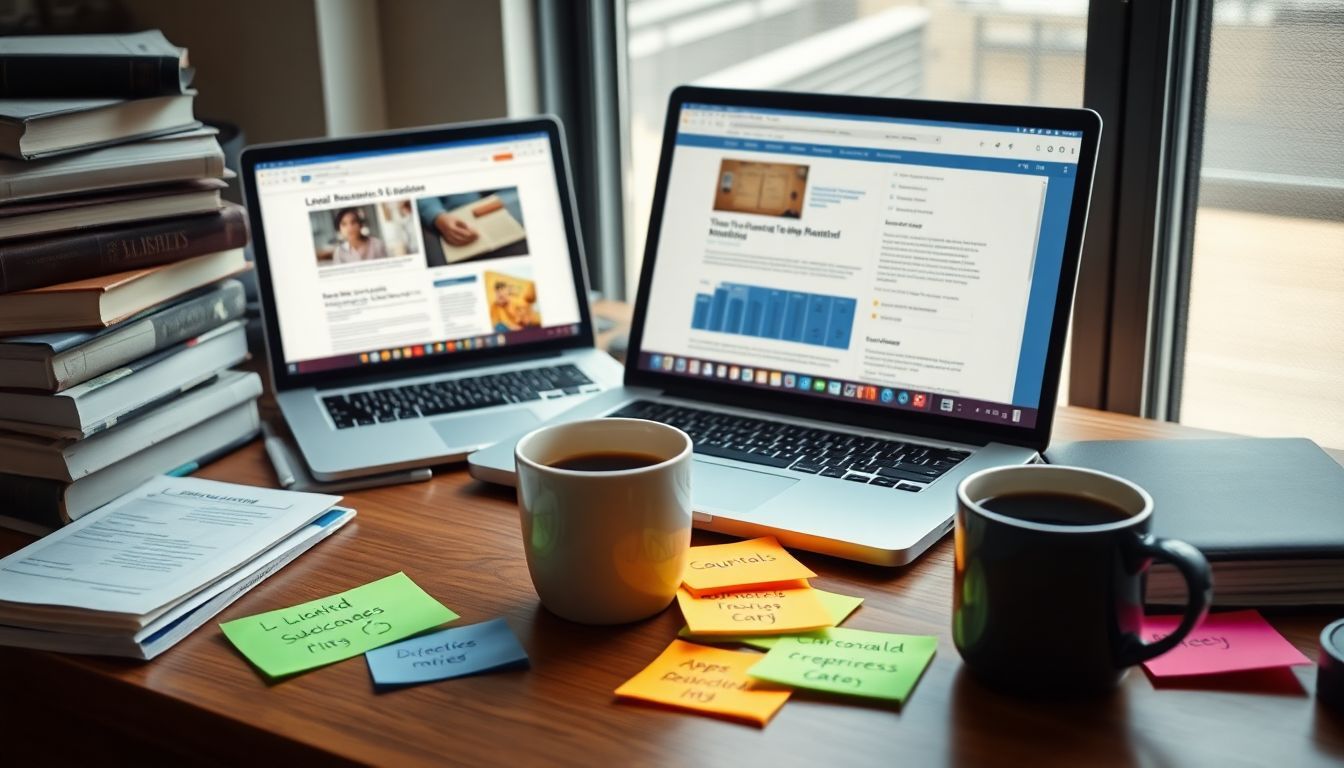 A cluttered legal office desk with books, laptop, and coffee.