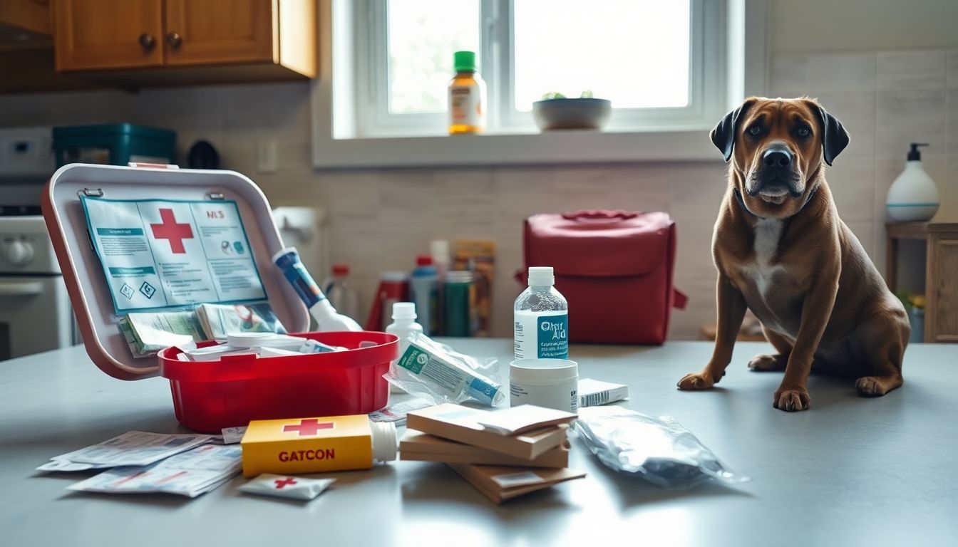 A spilled first aid kit with worried pet nearby on kitchen counter.