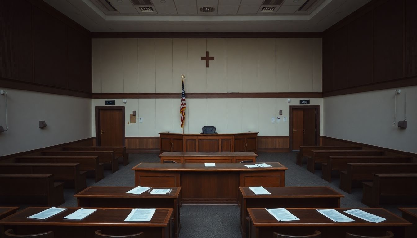 An empty courtroom with scattered legal documents and deserted benches.