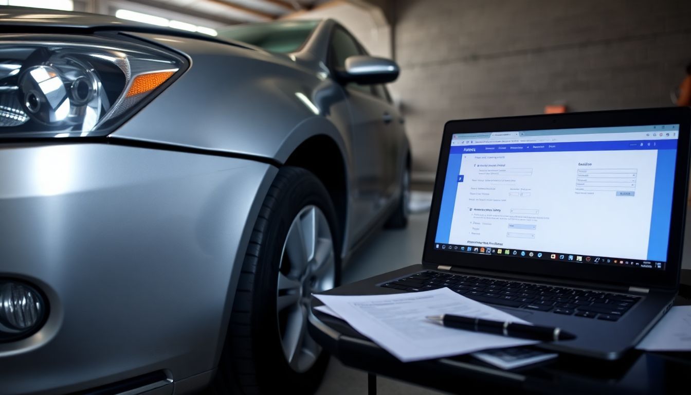 An online insurance claim being filled out next to a damaged car.