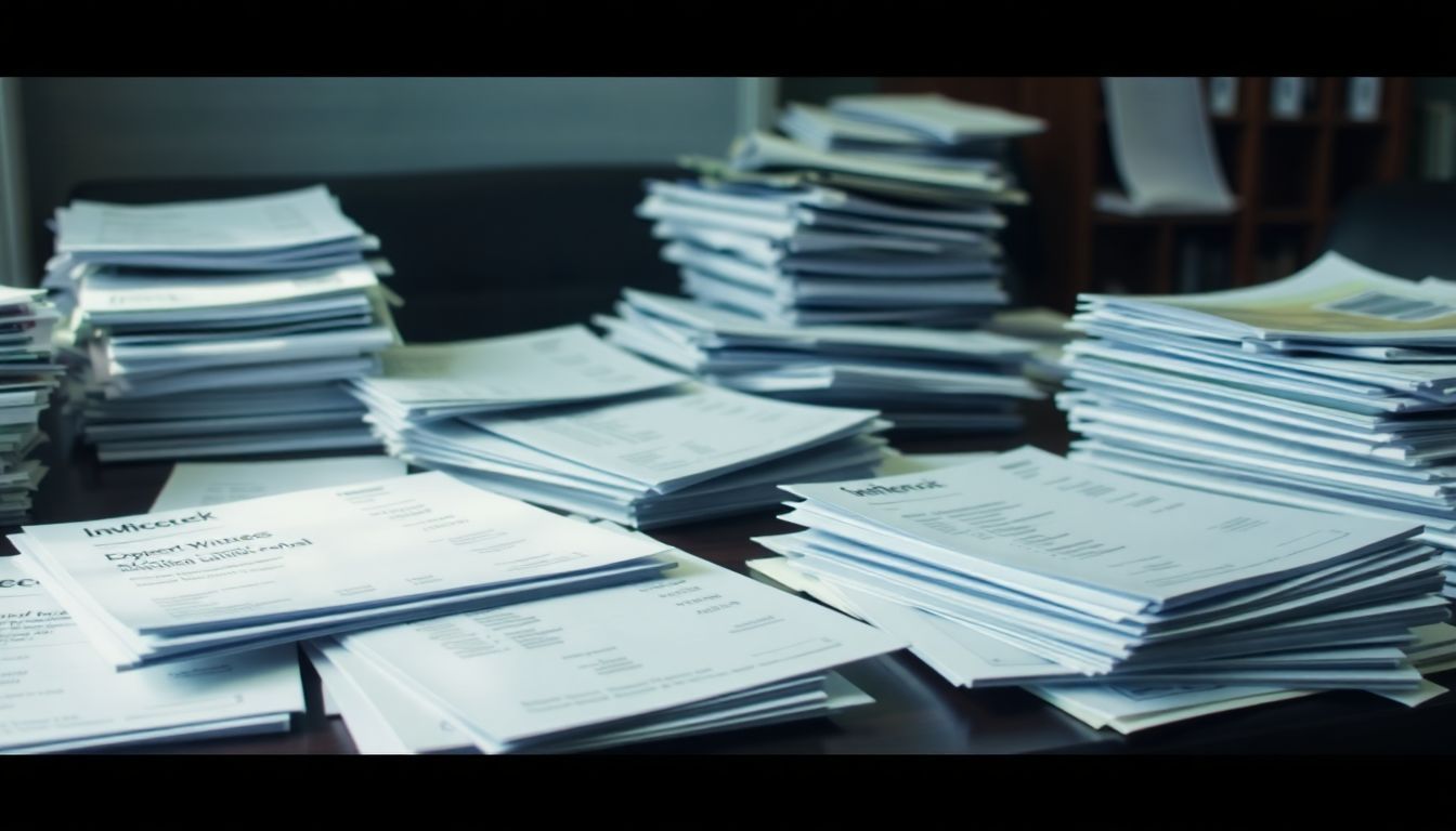 Cluttered office desk with legal documents and invoices for personal injury cases.