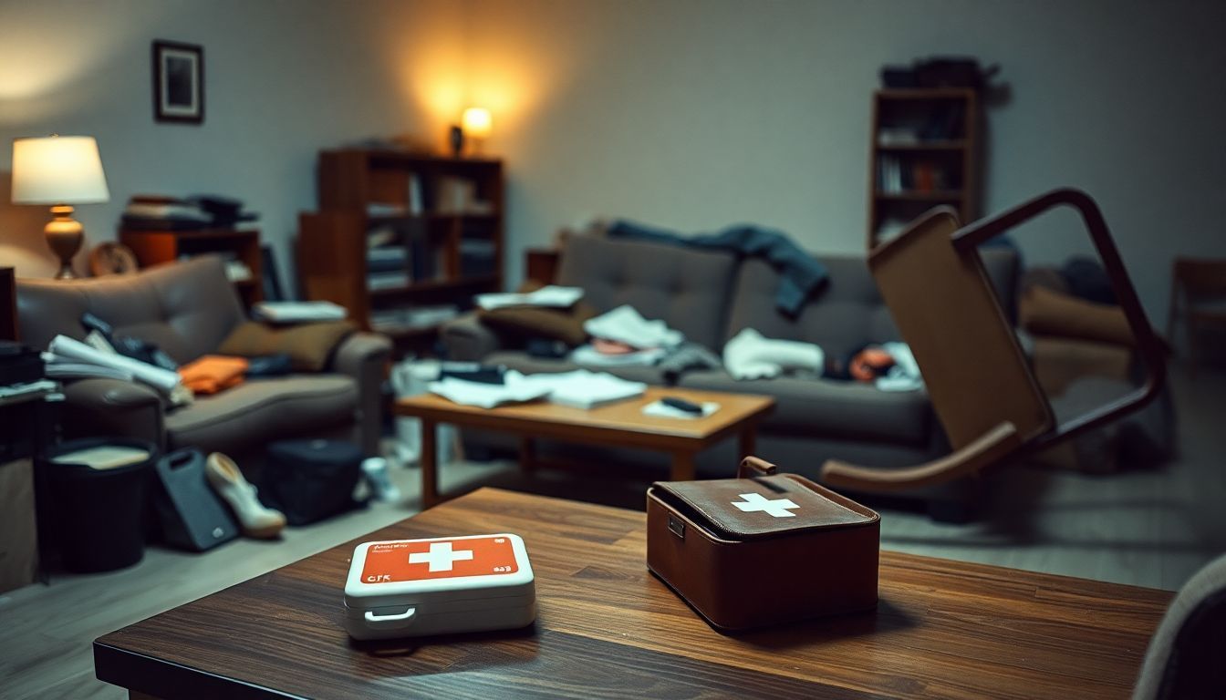 An untidy living room with neglected first aid kit and overturned chair.