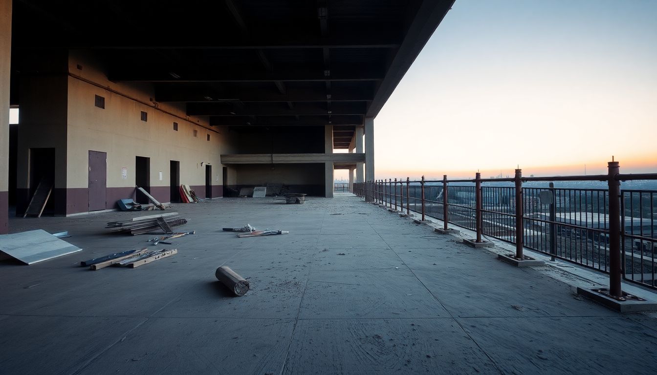 An abandoned construction site at dusk with scattered tools and debris.