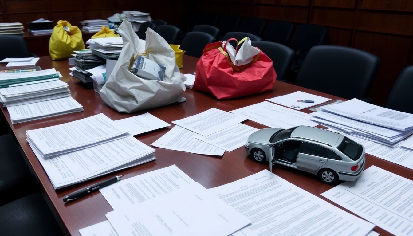 A cluttered courtroom table with legal documents, evidence bags, and car crash model.