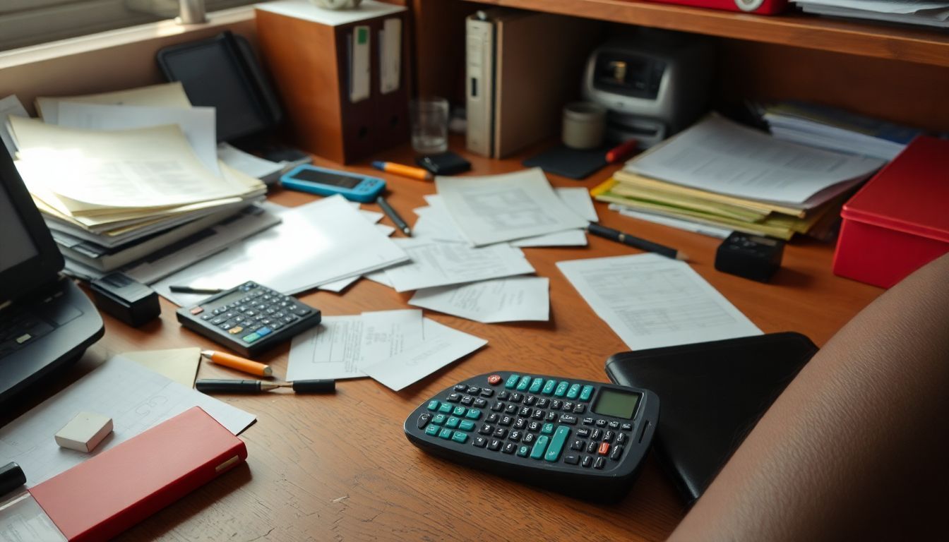 A cluttered office desk with scattered paperwork and supplies.