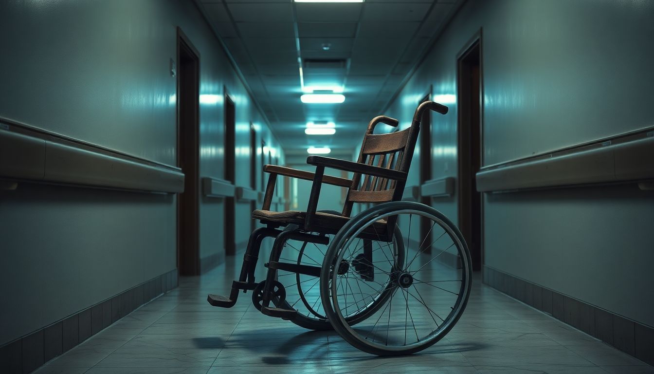 An abandoned wooden wheelchair in a dim hospital hallway.