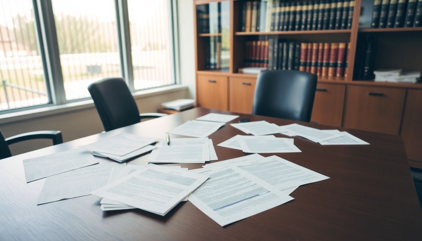 An empty law office desk with scattered legal documents.