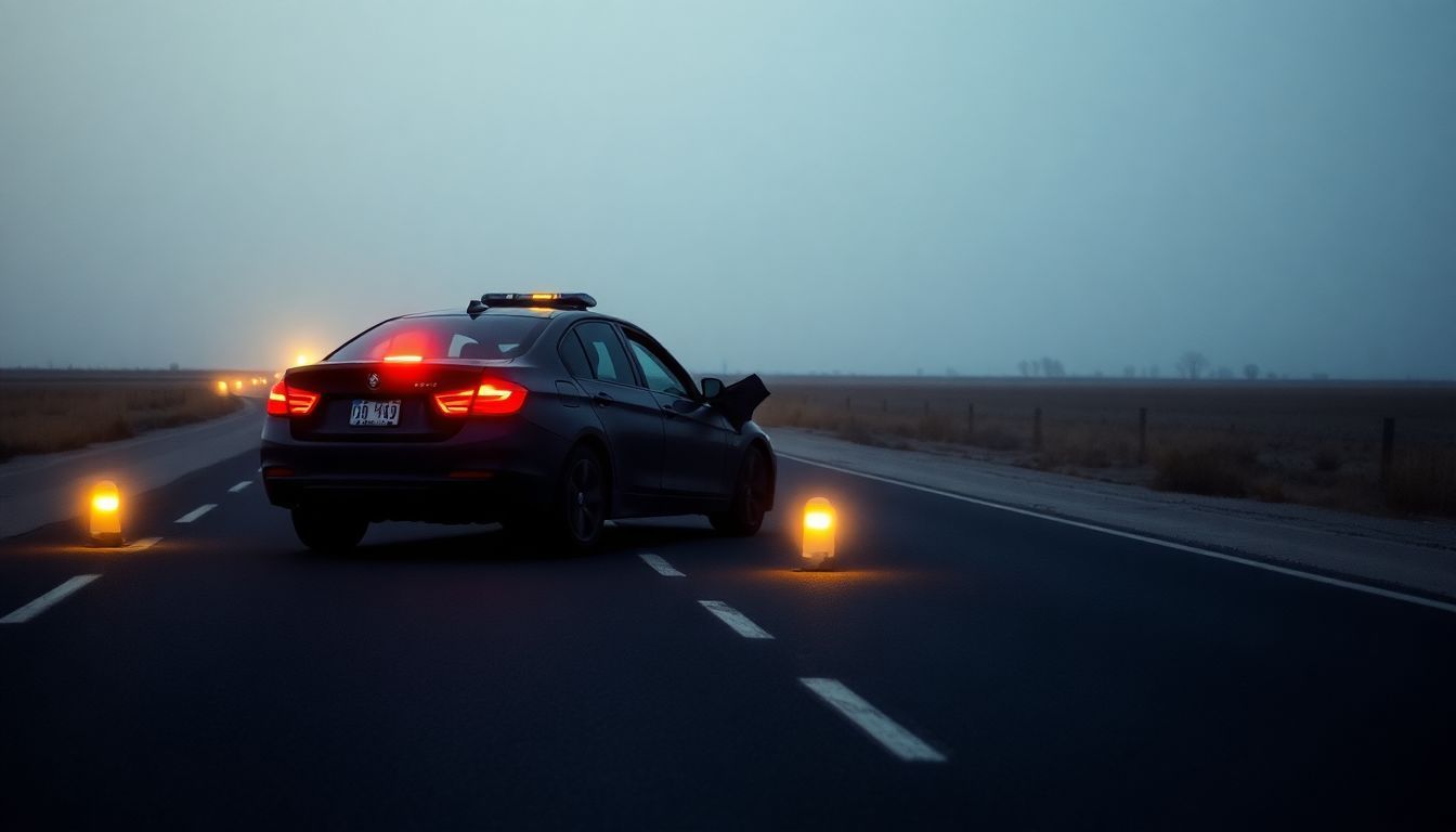 A deserted road with a crashed car and emergency flares.