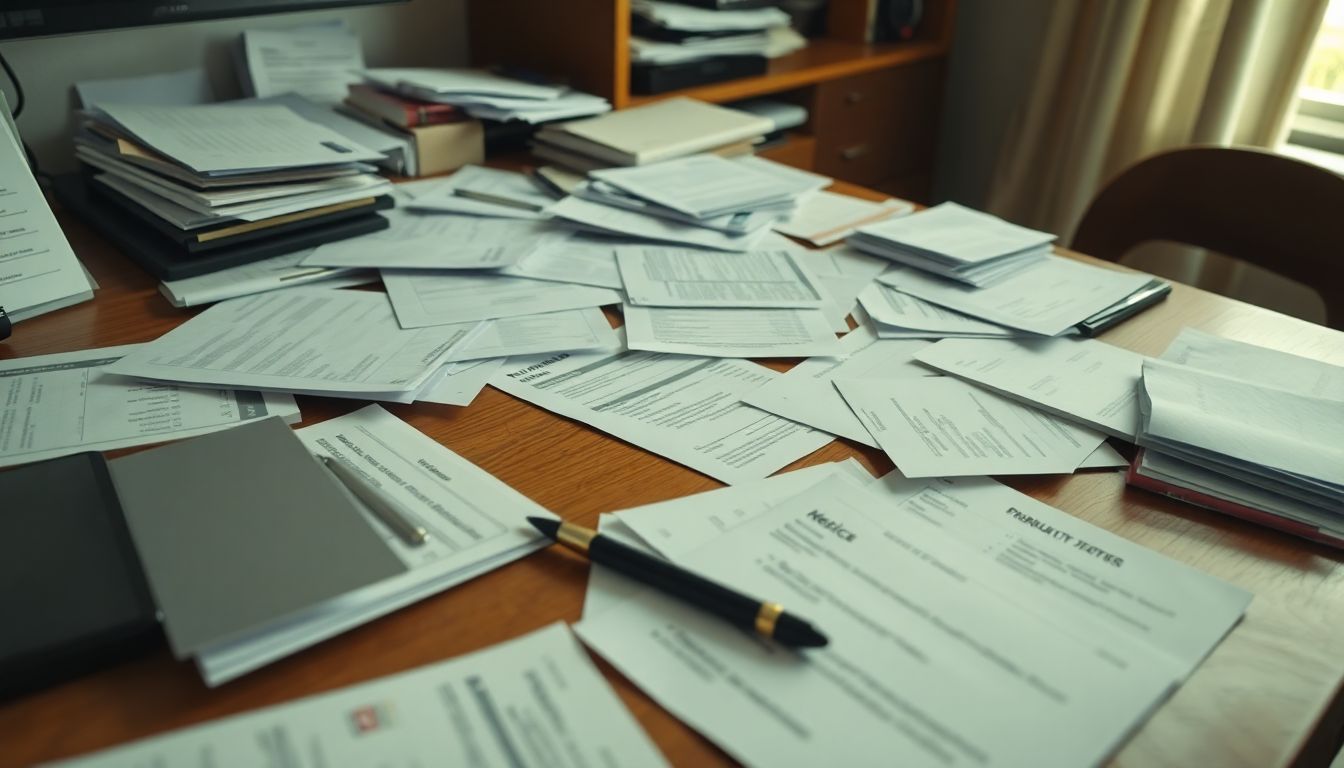 A cluttered desk with medical documents, bills, and a pen.