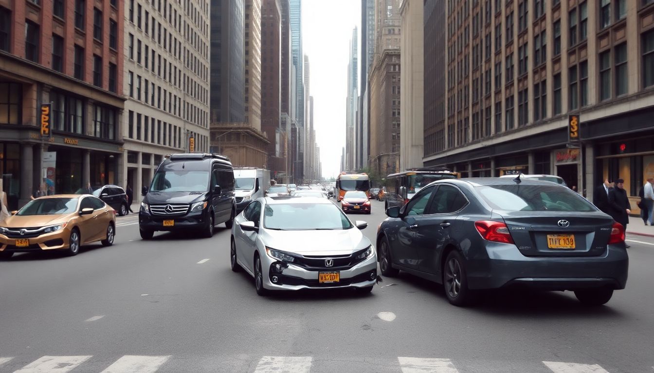 A car accident in busy New York City street with two damaged vehicles.