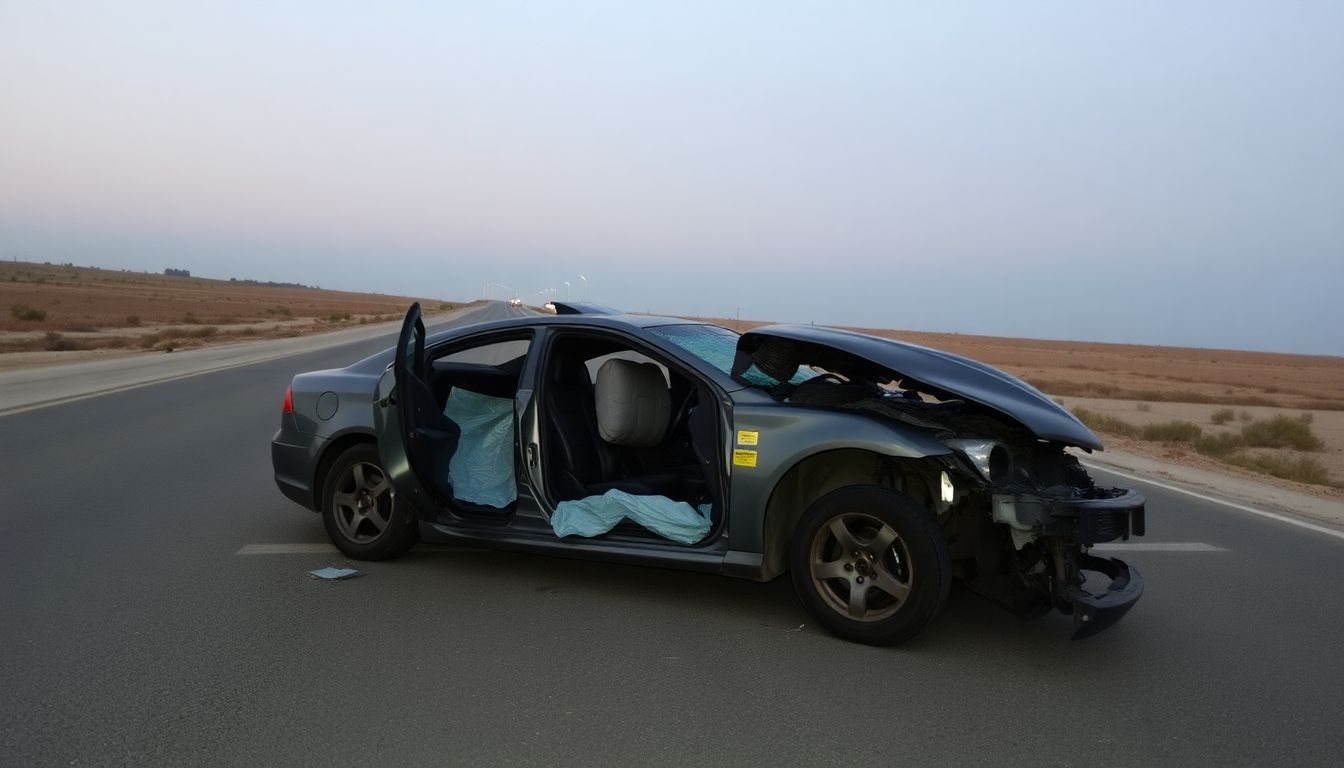 A damaged car wreck on an empty road at dusk.