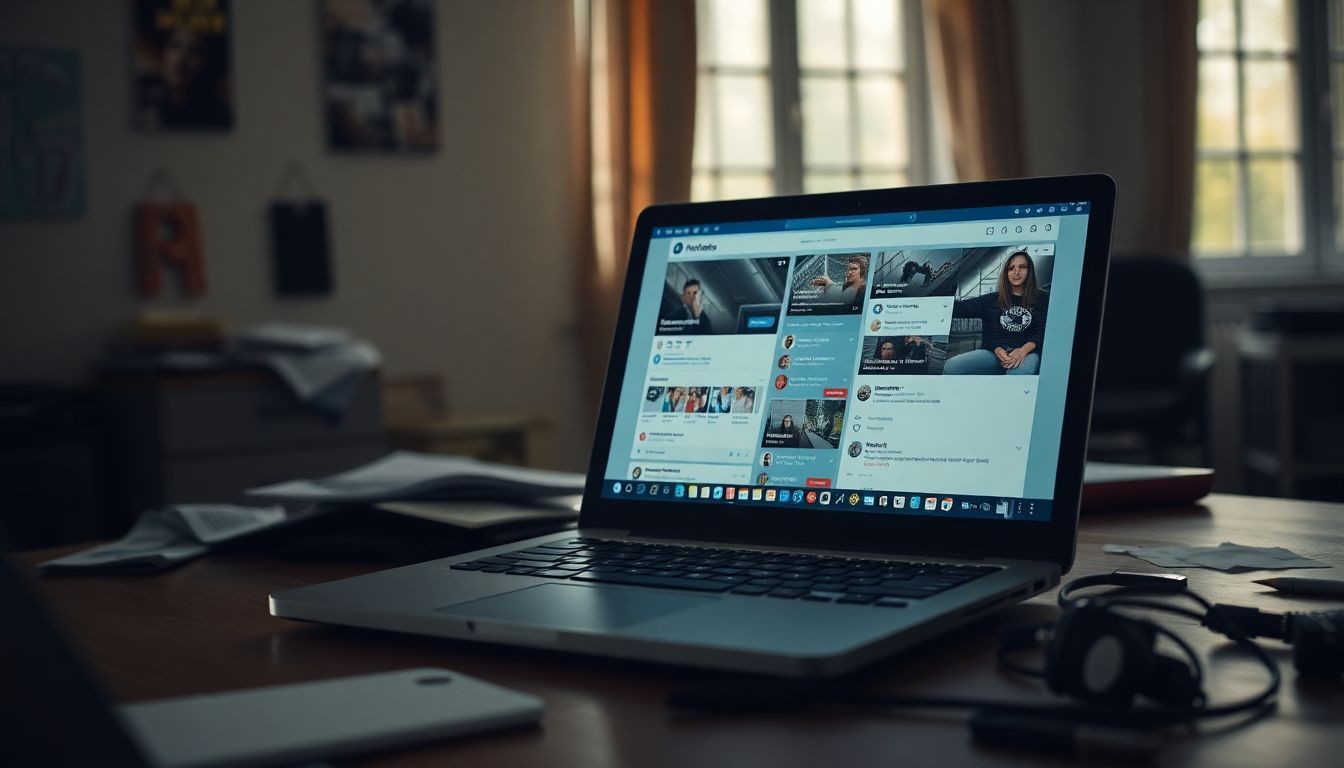 An abandoned laptop with open social media profiles in a messy room.