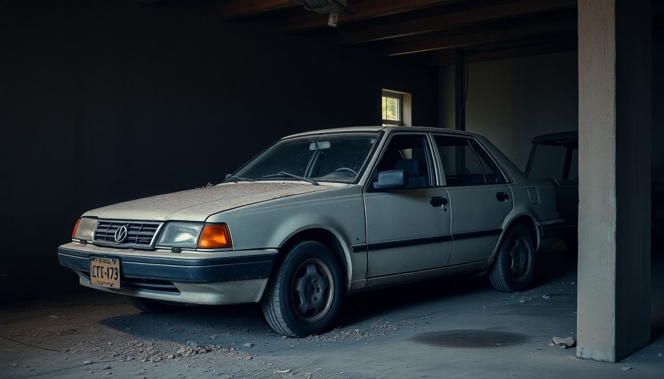 An abandoned car covered in dust and debris sits in a dim garage.