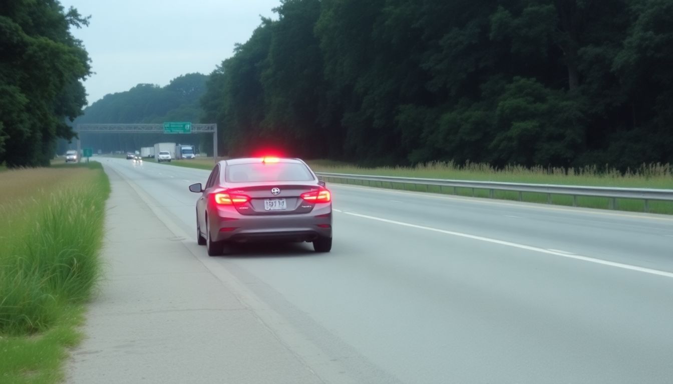 A car with hazard lights parked on busy highway in natural setting.