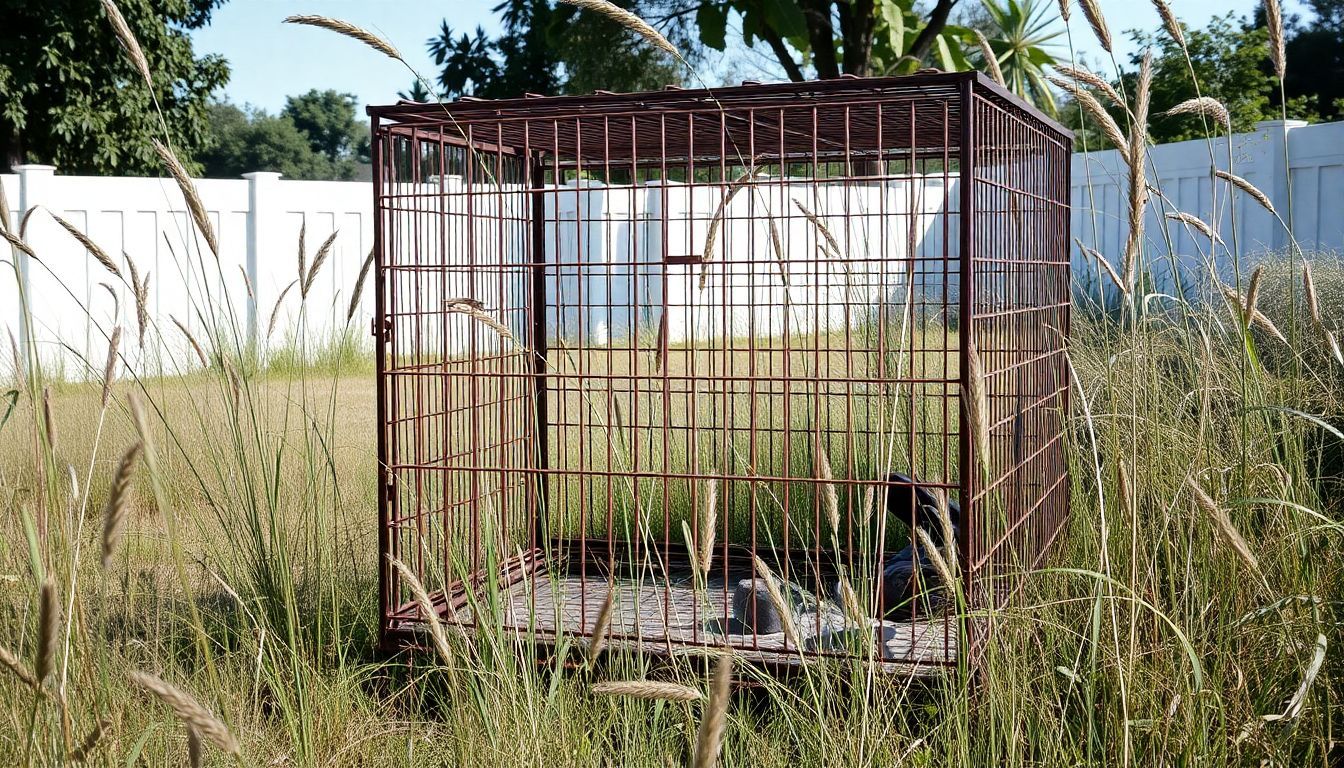 An old, rusty dog cage sits abandoned in an overgrown backyard.