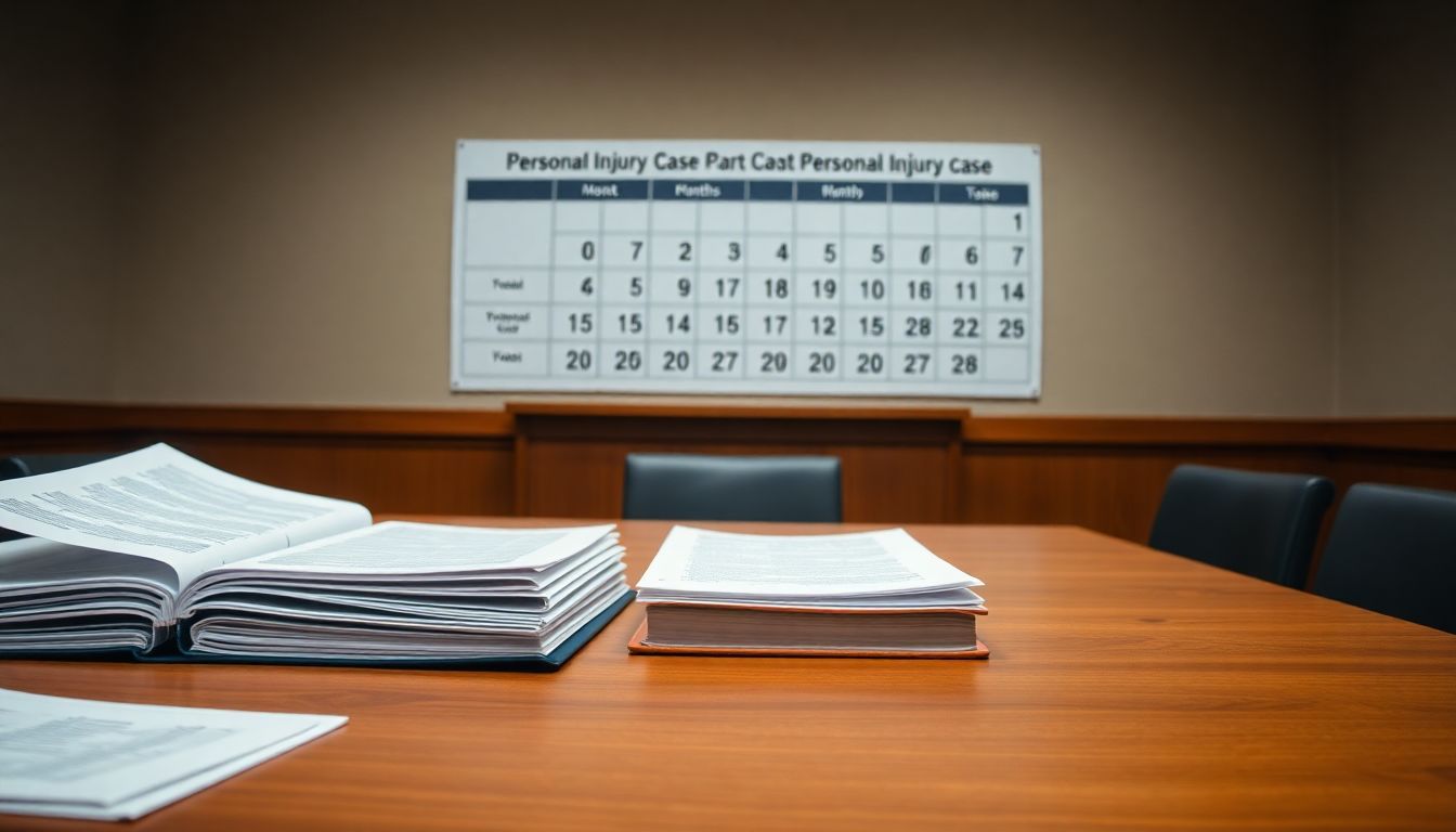 An empty courtroom with evidence folders and legal documents.