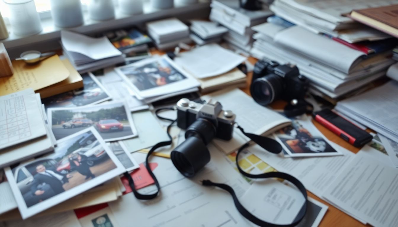 A cluttered desk with accident scene photos and a broken camera.