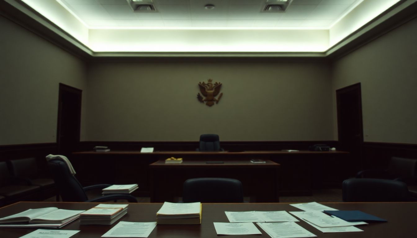 A dimly lit courtroom with evidence exhibits and legal documents.