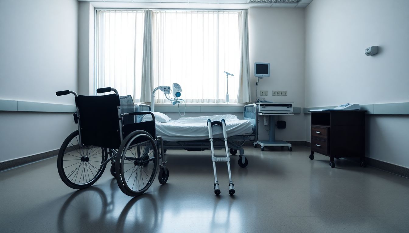 An empty hospital room with wheelchair and medical equipment.