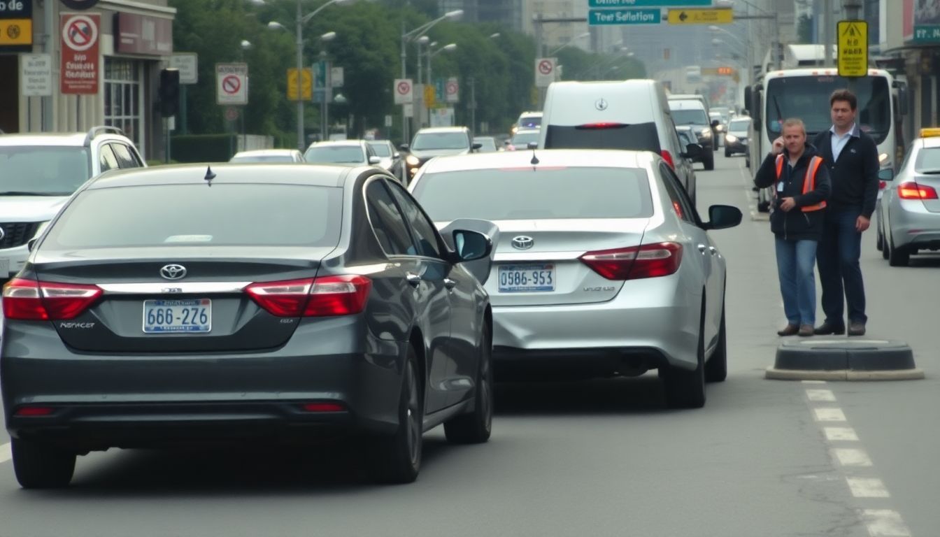 Two vehicles in a rear-end collision on a busy urban street.