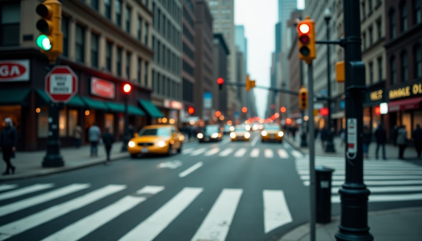 Busy New York City intersection with pedestrian crosswalk and traffic signals.