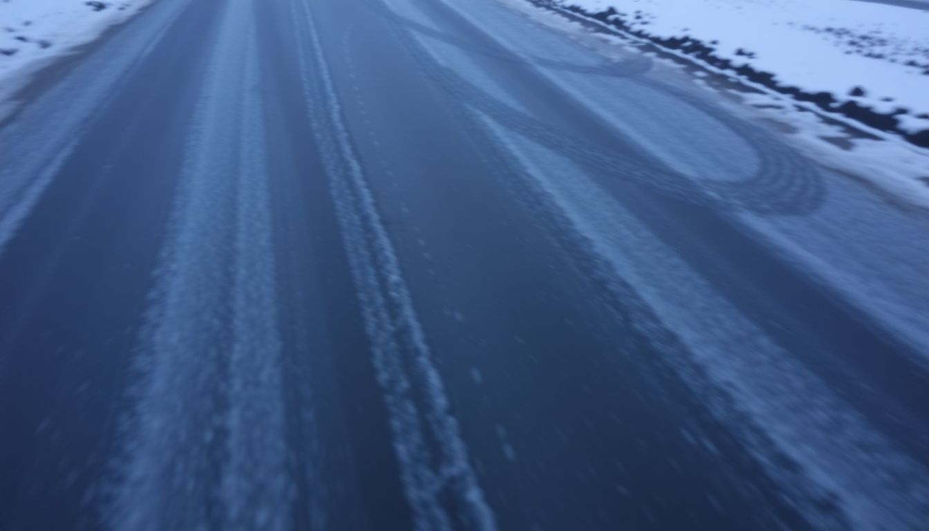 A dark, icy road during a winter storm with blurred tire tracks.