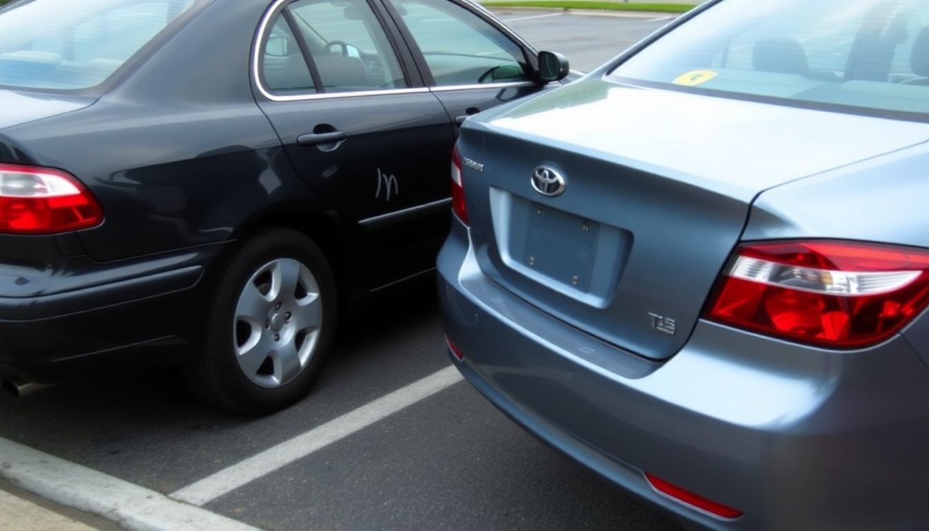 Two cars with minor damage parked closely in a lot.