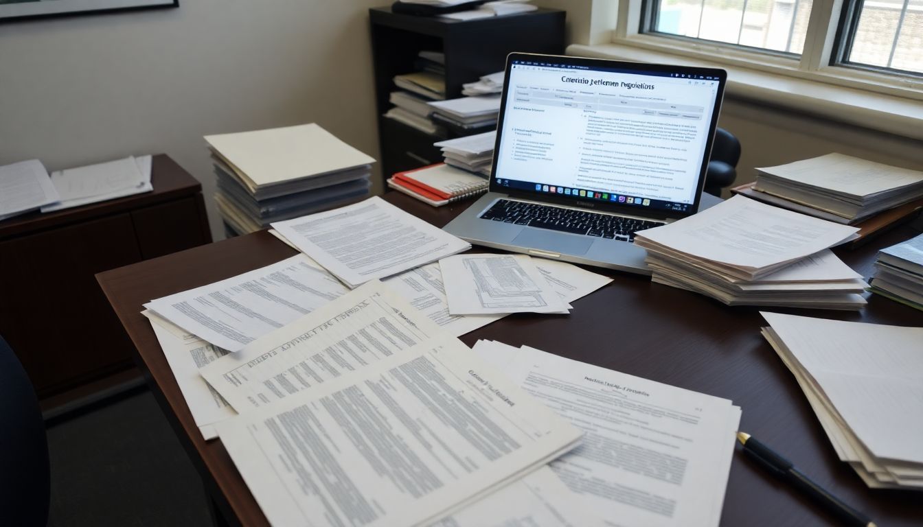 A cluttered office desk with legal and medical documents.