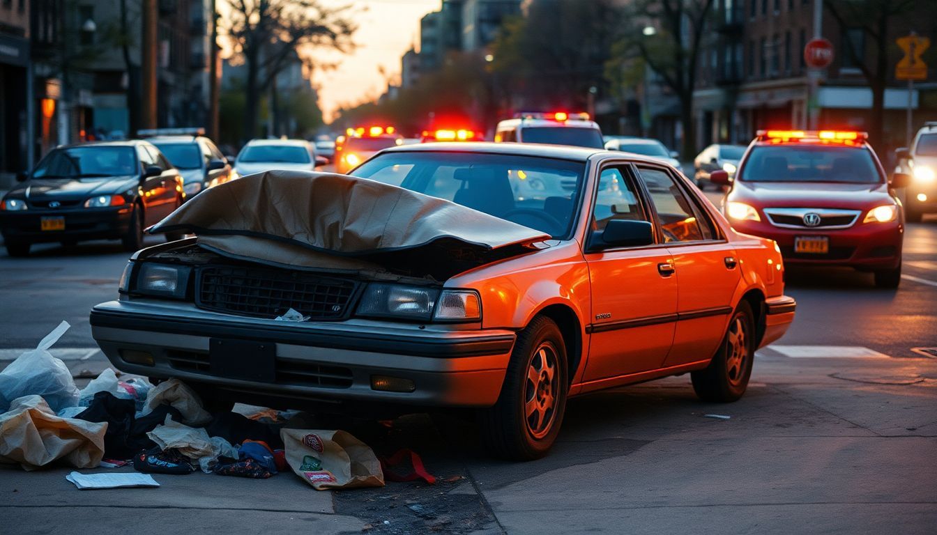 A damaged car parked on a busy street in the Bronx.