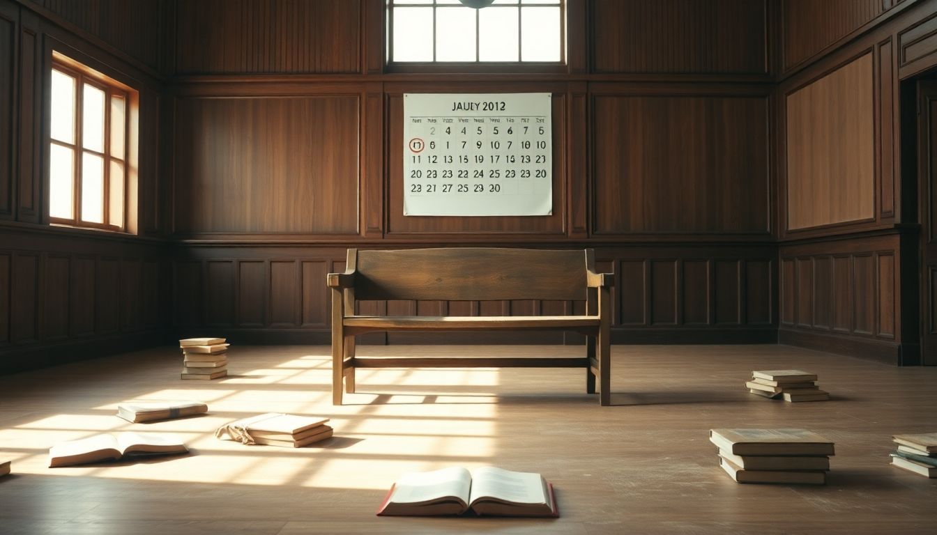 An empty courtroom with scattered legal books and a flipping calendar.