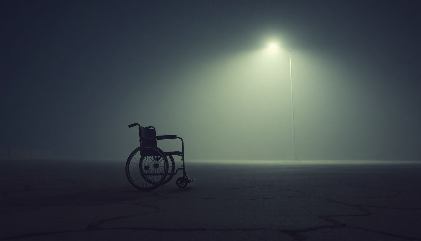 An empty wheelchair sits under a glowing streetlight on a foggy night.