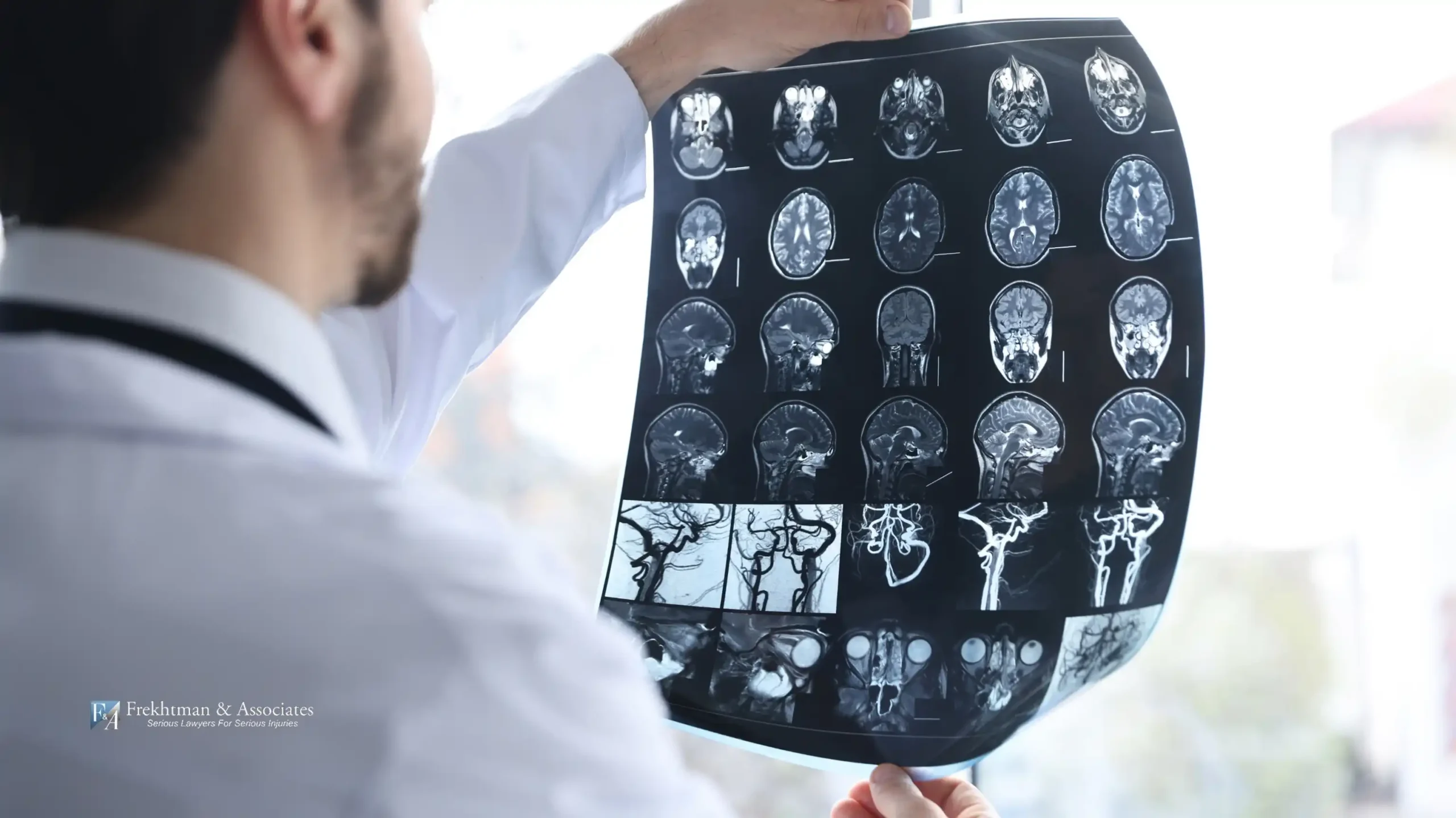 A medical professional holding up and inspecting brain MRI scans to evaluate the severity and location of a patient’s traumatic brain injury.